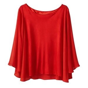 Red Chiffon Overlay Blouse Sheer Bell Sleeve Flowing Top